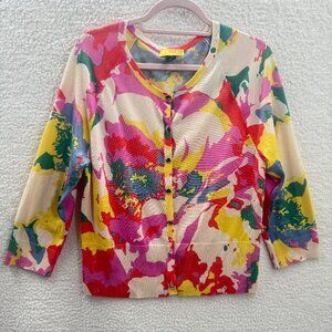 St. John SoCa Wool,Silk and Cashmere blend multi color Pattern Soft Cardigan L